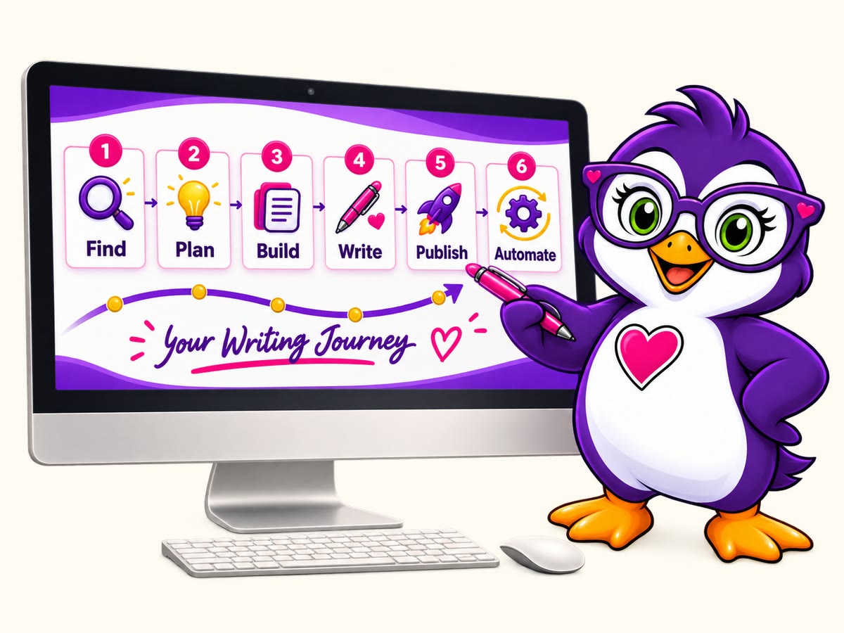 Pippa, the AIWEAF guide, teaching the six-part Author Season system beside a computer